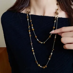 Korean New Tiger Eye Beaded Necklace For Women Vintage Layered Brown Stone Glass Bead Clavicle Chain Fashion Jewelry Gift