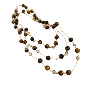 Vintage tiger eye beaded layered necklace with champagne crystals for women