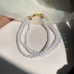 French style multi-layer bracelet with elegant pearls and iridescent zircon crystals