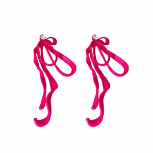 Elegant hot pink ribbon bow earrings featuring sparkling rhinestone studs for women