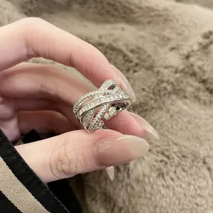Fashion Zirconia Cross Open Ring For Women Korean Light Luxury Adjustable Copper Finger Ring High-end Versatile Jewelry