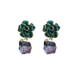 Vintage dark green flower earrings with purple drop stones, palace style jewelry.