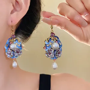 Vintage Palace Style Ethnic Enamel Floral Drop Earrings With Artificial Pearl And Rhinestone For Women Gold Blue Jewelry