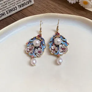 Vintage ethnic style enamel flower earrings with white pearl drops and pink crystals