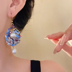 Elegant ethnic style enamel flower earrings with large pearl drops and pink rhinestones