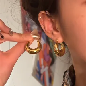 Minimalist Copper Chunky Hoop Earrings Real Gold Plated Round Teardrop C-Shape Ear Buckle High End Fashion Jewelry Women