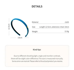 Detailed dimensions and material specifications for the blue flocked fabric headband.