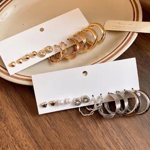European Fashion Heart Round Twisted Earring Set For Women Iron With 925 Sterling Silver Post Artificial Pearl Jewelry