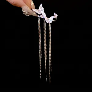 Elegant iridescent butterfly tassel ear cuff for non-pierced ears, chic jewelry