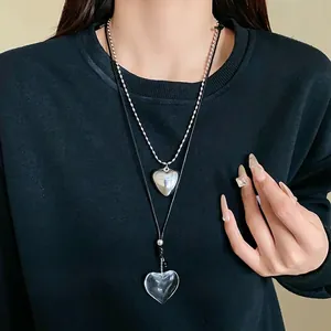 Minimalist Heart Pendant Necklace For Women Alloy Rice Bead Chain Fashion Long Sweater Chain Silver Tone Neck Jewelry Gift