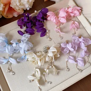 Orecchini Pendenti con Fiore in Tessuto e Perla Artificiale Con Perno in Argento Sterling 925 Eleganti Orecchini con Frange e Strass per Donna