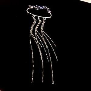 Elegant silver butterfly tassel ear cuff with black crystals, non-pierced design