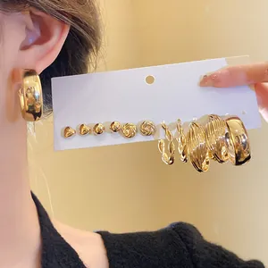 Detailed view of 6-pair gold earring set featuring heart studs and chunky twisted hoops