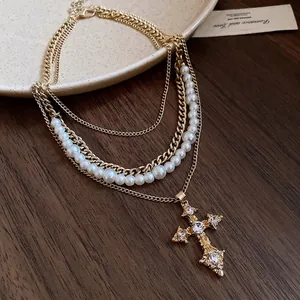 French retro multi-layer pearl necklace with rhinestone cross pendant for women