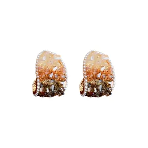 Elegant French vintage gold stud earrings with pearls and amber crystal accents for women