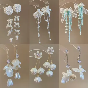 Boucles d'Oreilles Élégantes Avec Tige en Argent Sterling 925 Cristal Artificiel Fleur Gland pour Femme Strass Perle Artificielle Bijoux de Vacances