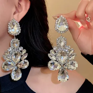 Luxury oversized pear-shaped crystal dangle earrings with silver needle posts