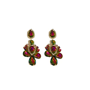 Elegant iridescent water-drop rhinestone dangling earrings with paved accents in gold-tone