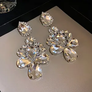 Detailed view of sparkling teardrop crystal earrings with a refined silver-tone finish