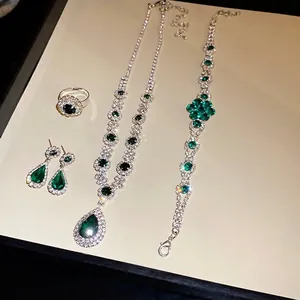 Vintage emerald green teardrop necklace, bracelet, earrings and ring jewelry set for women