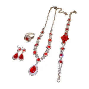 Retro red waterdrop rhinestone jewelry set with necklace earrings bracelet and ring