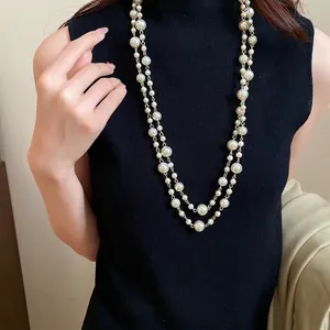French Vintage Multiple Layers Artificial Pearl Long Necklace For Women Elegant Luxury Gold Color Alloy Sweater Chain Jewelry