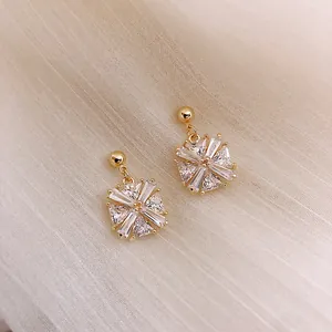Elegant French style geometric cubic zirconia drop earrings with gold finish for women