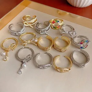 Elegante Anello Aperto Geometrico in Rame Placcato Oro Vero Con Zirconia per Donna Gioielli di Moda Coreana Semplice Accessori per Mano