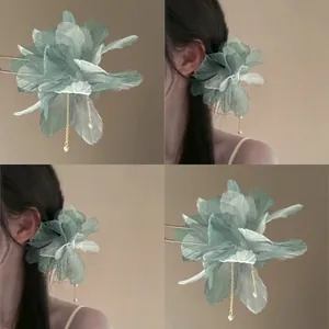 Handmade Fabric Flower Artificial Pearl Tassel Hair Stick Elegant Neo-Chinese Style Alloy Hair Fork For Women Wedding Daily Jewelry