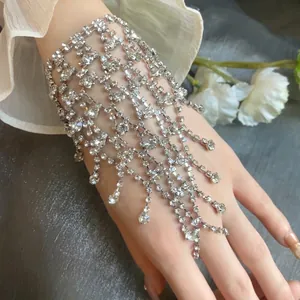 Luxury Silver Color Alloy Rhinestone Multi-layer Tassel Hand Chain Bracelet With Ring For Women High-end Fashion Party Hand Harness Accessory