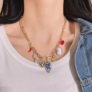 Women's Golden Heart Chili Pendant Necklace Artificial Pearl Enamel Ceramic Bead Clavicle Chain Individual Jewelry