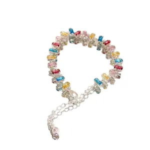 Vibrant multi-color rectangular zircon bracelet featuring an adjustable silver chain