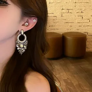 Silberne Pailletten-Ohrringe mit Quasten, am Model getragen für einen eleganten Effekt