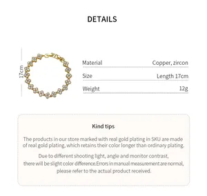Gold-plated four-leaf clover bracelet with zircon inlays and product specifications.