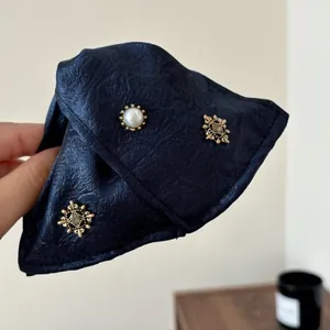 Navy blue fabric triangular hair claw clip with pearl and vintage metal ornaments
