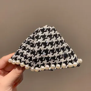 Houndstooth triangle hair claw clip with pearl trim and sequins for women fashion accessory