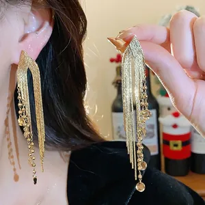 Elegant 18k gold plated long tassel drop earrings for women high quality jewelry.