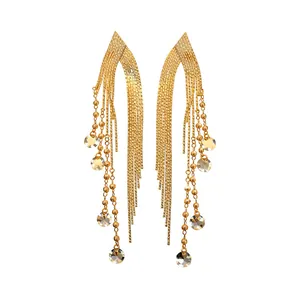 Elegant 18K gold plated long tassel earrings with sparkling crystal bead accents for women