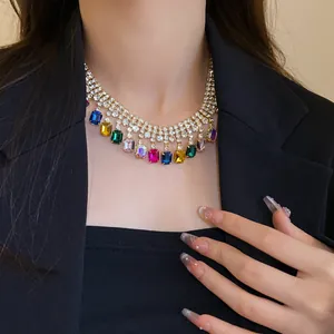 Elegant multi-colored gemstone bib necklace with clear rhinestones for a luxury look
