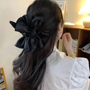 Elegante Fiocco in Raso Pinza per Capelli Grande Fiocco in Seta Clip Squalo Moda Strass Perla Artificiale Accessori per Capelli Donna