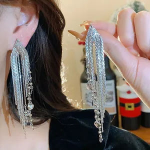 Detail view of long silver tassel earrings with delicate metal mesh and heart charms