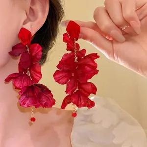 Sweet Elegant Red Fabric Flower Tassel Drop Earrings For Women Summer Vacation Style Handmade Jewelry With Silver Earring Post