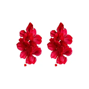 Vibrant red fabric flower tassel earrings with silver needles for summer vacation style.