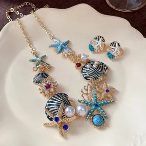 Luxus Ozean Resort Stil Seestern Muschel Halskette Ohrring Schmuckset Gold Blau Strass Künstliche Perle Schmuck Für Damen
