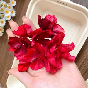 Close-up detail of exquisite red fabric flower earrings held in hand to show size