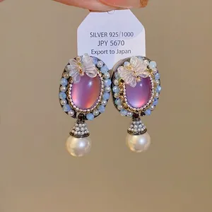 Vintage oval earrings with butterfly accents and hanging pearls, S925 silver needle