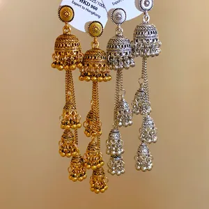 Eleganti orecchini pendenti Jhumka stile retrò con lunghe nappe in oro e argento