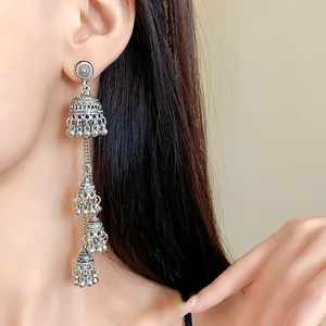 Dettaglio di orecchini Jhumka vintage in argento indossati sull'orecchio di una modella