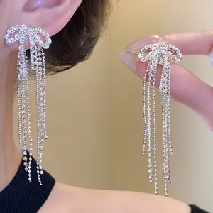 Fashion Alloy Bowknot Tassel Earrings With Zirconia Inlaid 925 Sterling Silver Earring Post Silver Color Drop Earrings For Women Jewelry