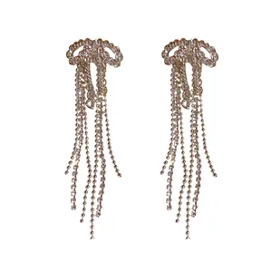 Elegant S925 silver needle bow tassel earrings with cubic zirconia stones for women